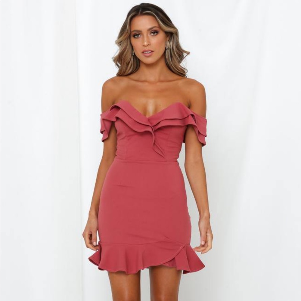 Rose pink (GORGEOUS color) ruffle dress. Fits like a glove, only worn once!